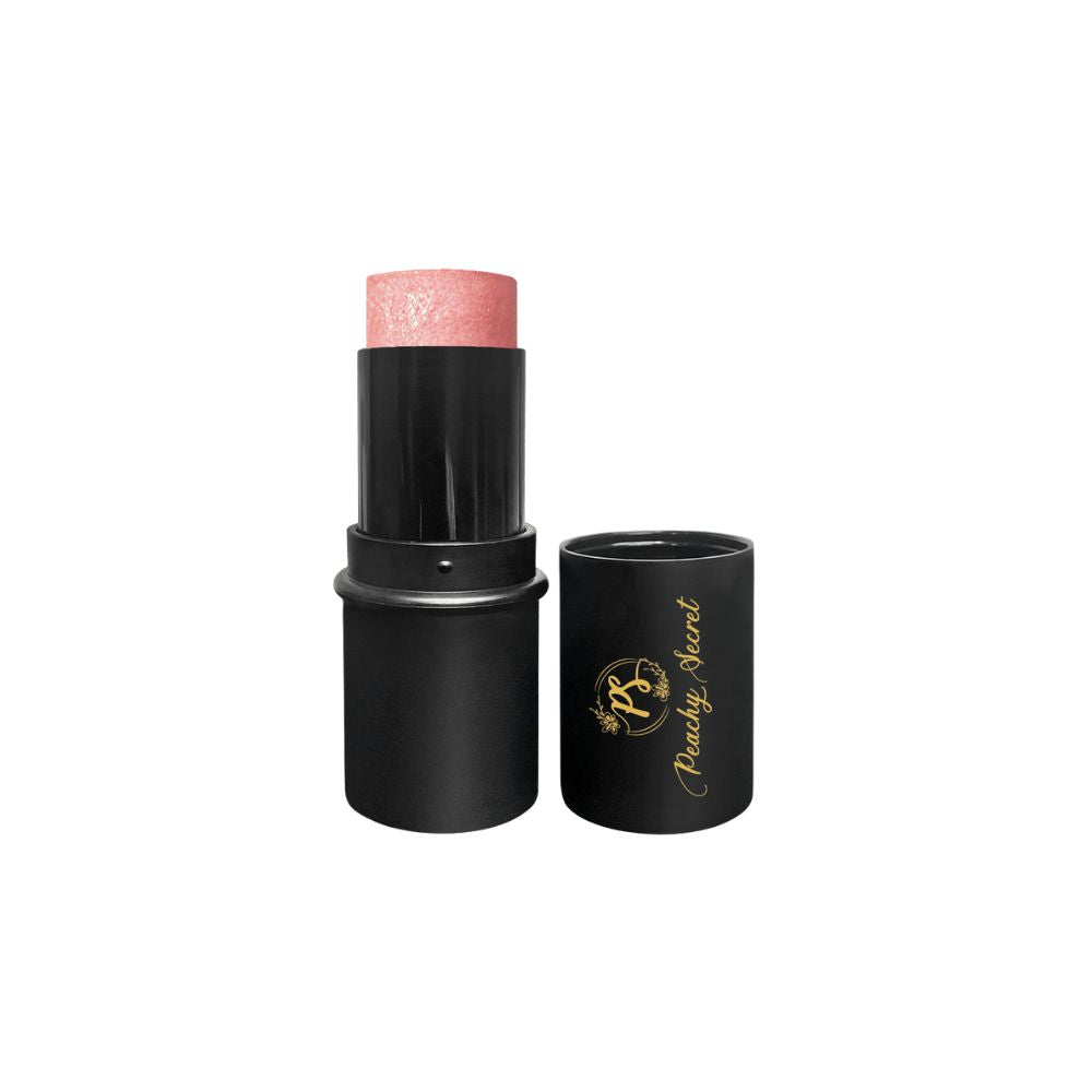 Botanical highlighter stick in rosy pink tone with black cap and tube
