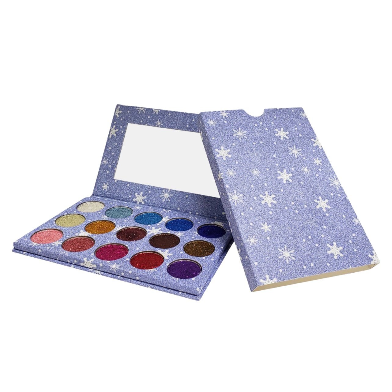 Glitter eyeshadow palette with multicolor shimmer pans in a blue star-pattern case