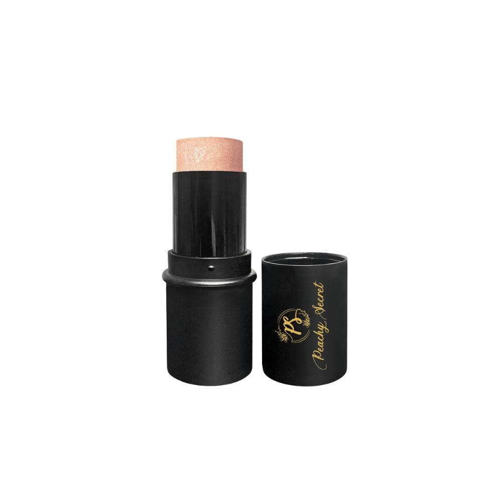 Botanical highlighter stick in light rose-coral tone with black cap and tube