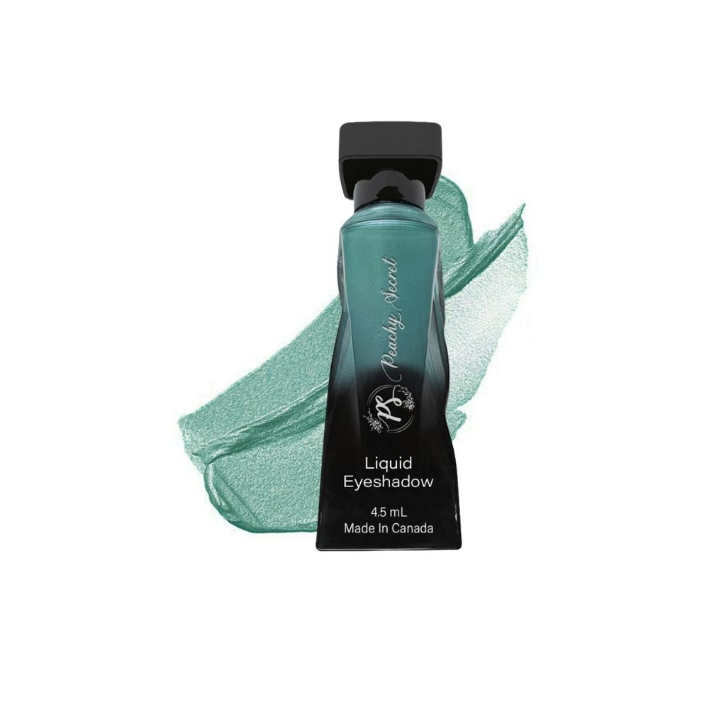 Teal liquid eyeshadow bottle with teal shimmer swatch