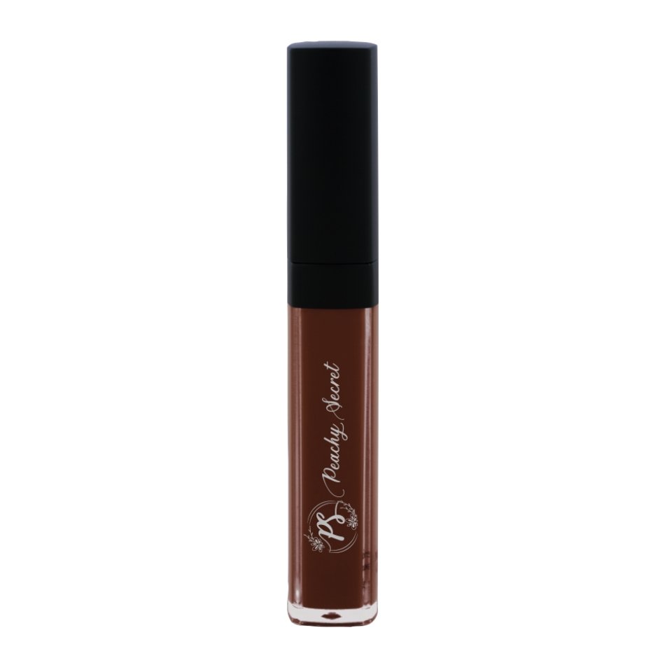 Matte liquid lipstick tube, mauve-brown shade with black cap