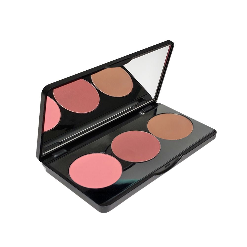 Opened blush makeup palette showing three round pans in dusty pink, mauve, and tan