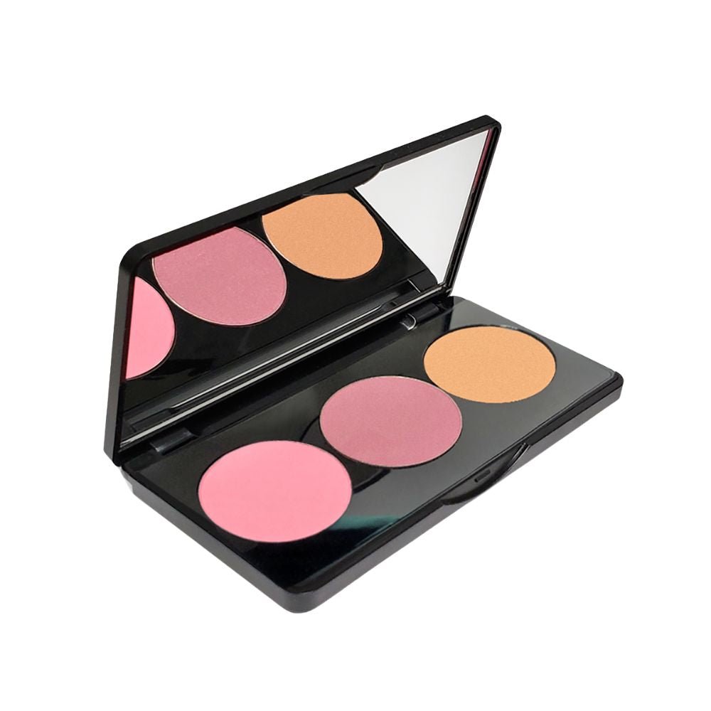 Opened blush makeup palette showing three round pans in pink, coral, and tan peach
