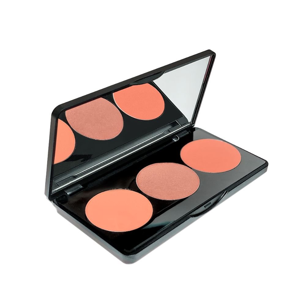 Opened blush makeup palette showing three round pans in peach, rose, and coral