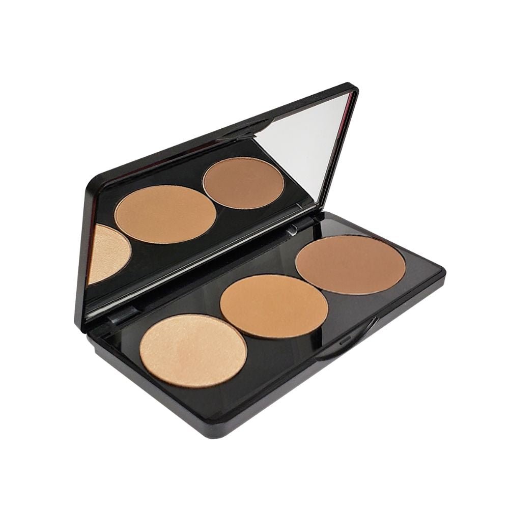 Opened blush makeup palette showing three round pans in beige, tan, and warm brown