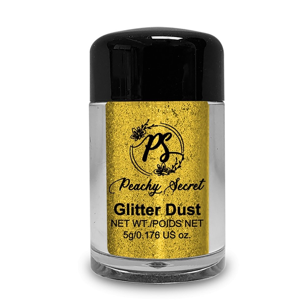 Peachy Secret glitter dust in gold glitter shade, black-capped jar
