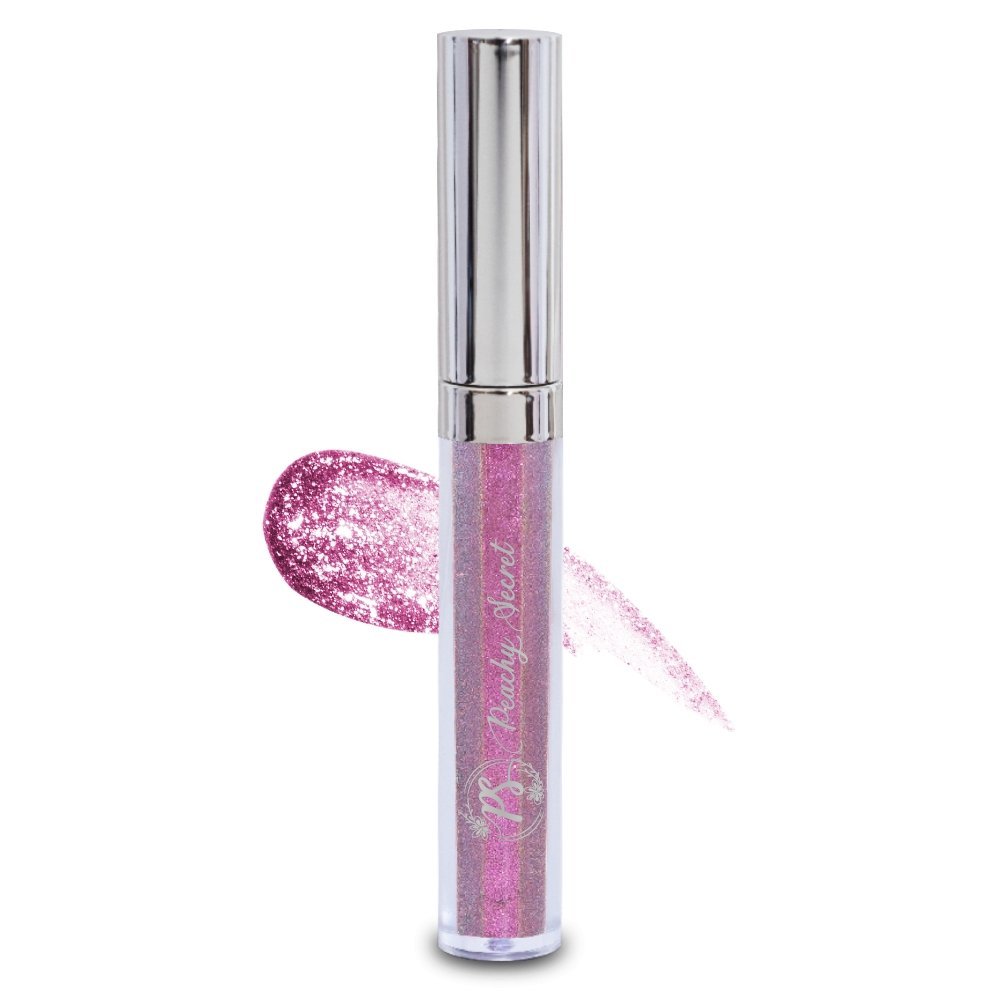Sparkling magenta lip gloss in clear tube with silver cap and angled applicator