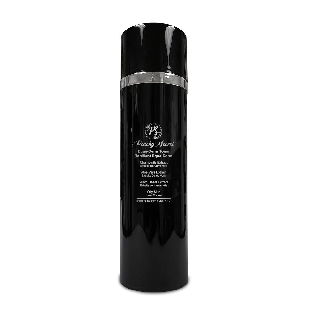 Equa-derm toner bottle, black with silver label and flip-top cap