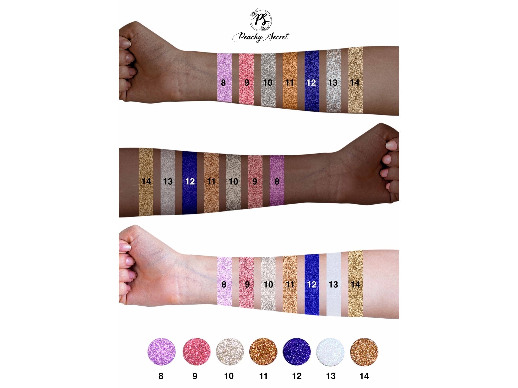 Glitter eyeshadow swatches on wrist, numbered shades 8–14 across the palette colors