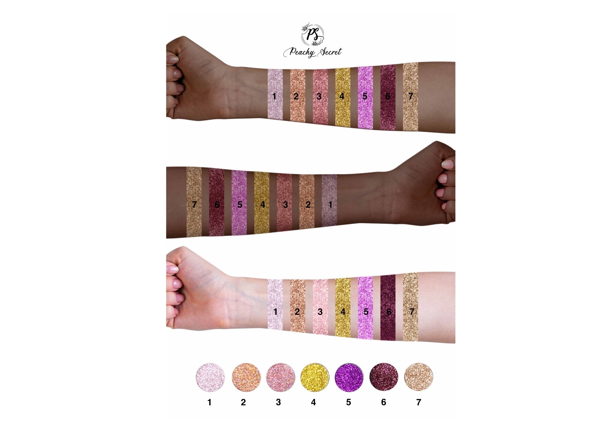 Glitter eyeshadow swatches on wrist, numbered shades 1–7 across the palette colors