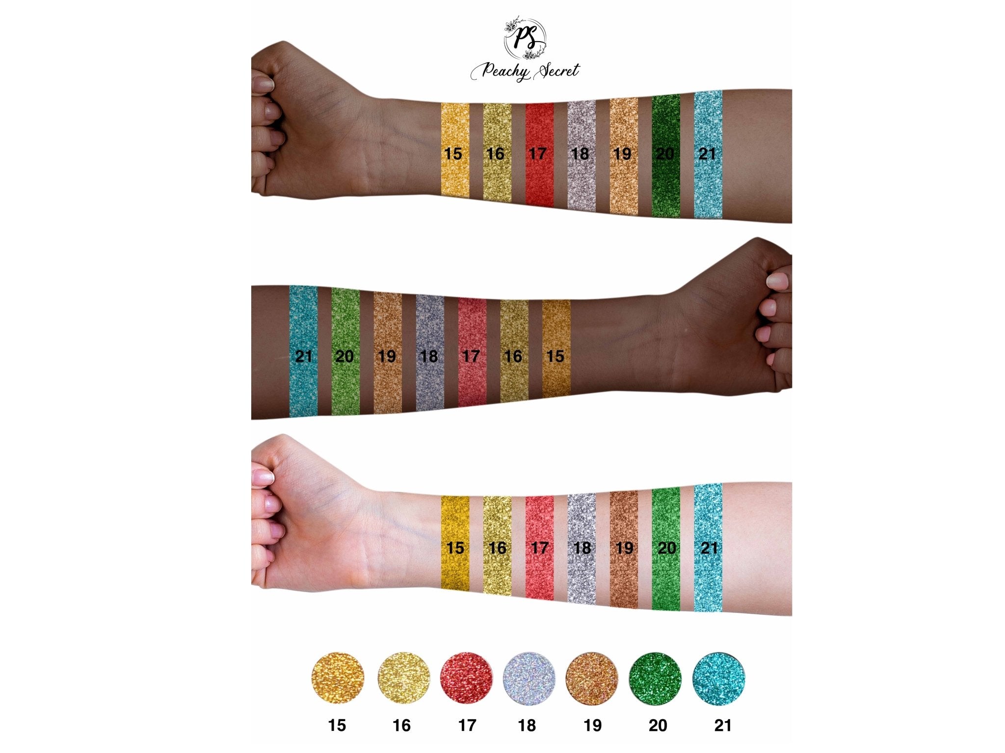 Glitter eyeshadow swatches on wrist, numbered shades 15–21 across the palette colors