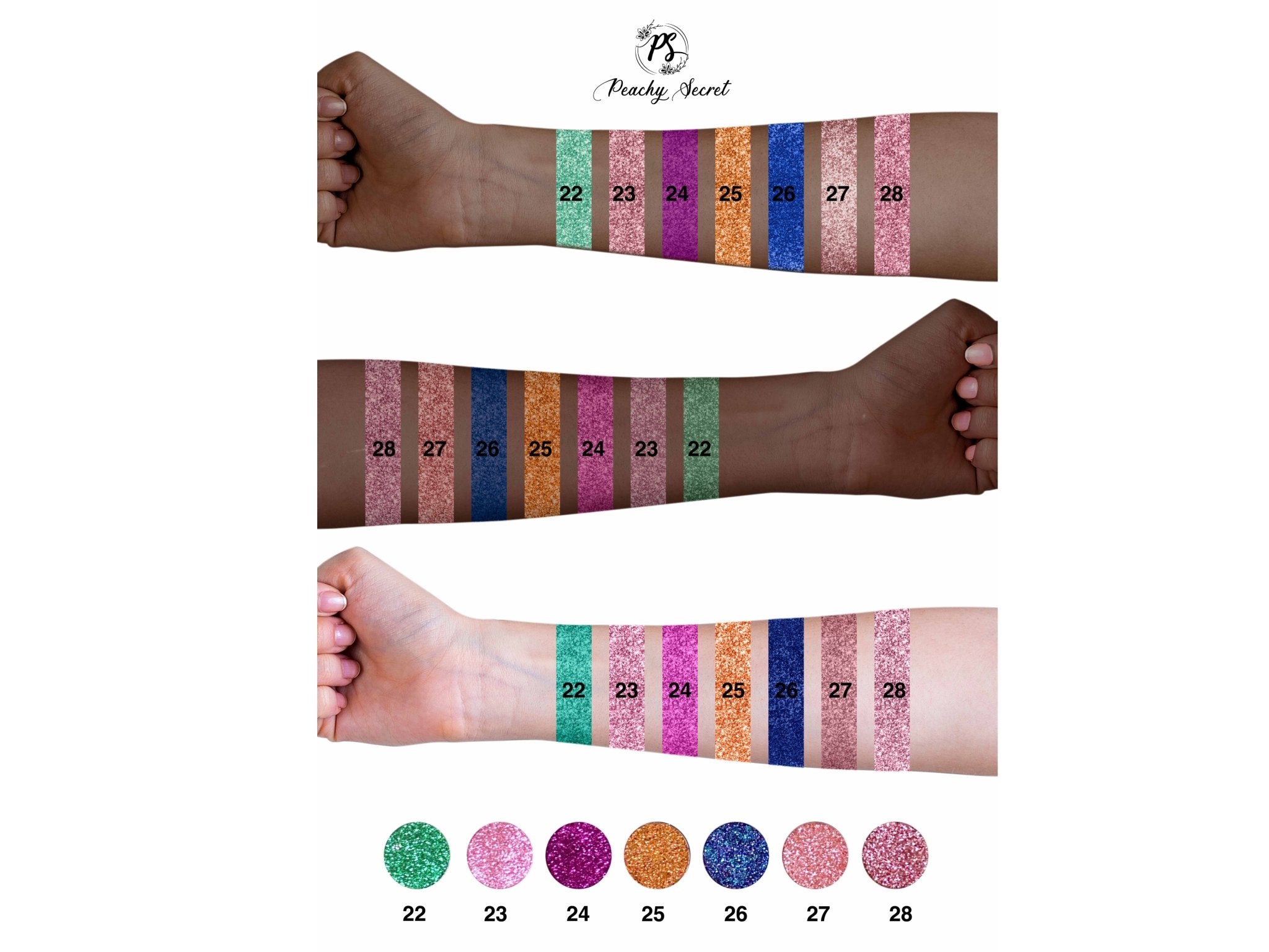 Glitter eyeshadow swatches on wrist, numbered shades 22–28 across the palette colors