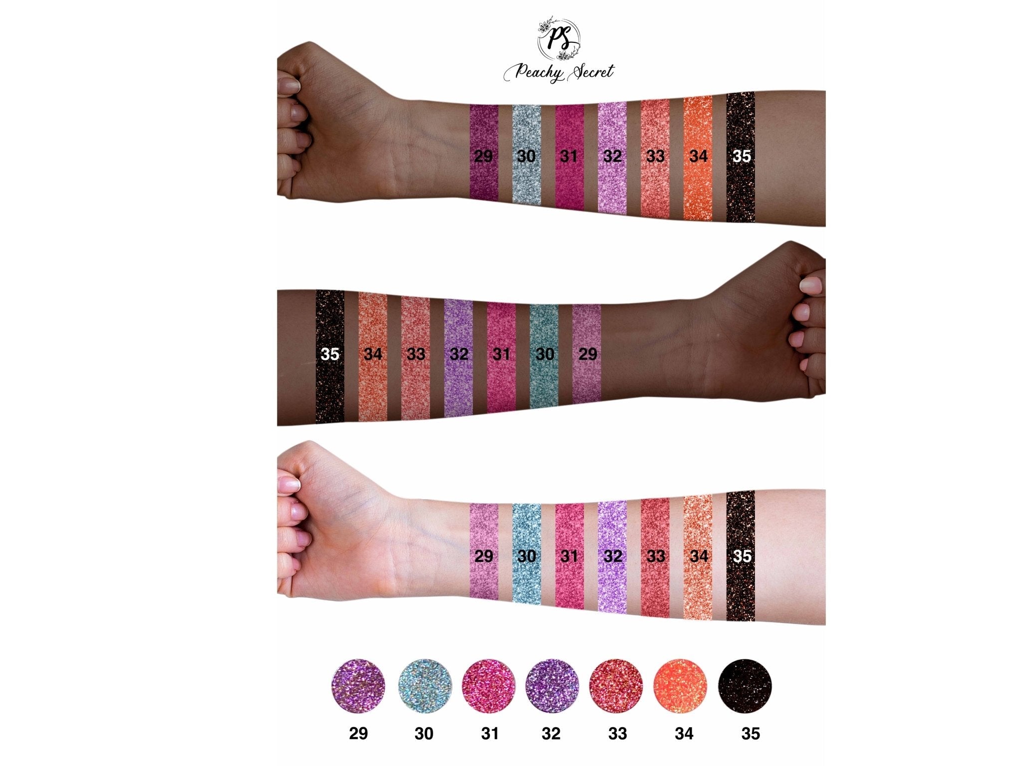 Glitter eyeshadow swatches on wrist, numbered shades 29–35 across the palette colors