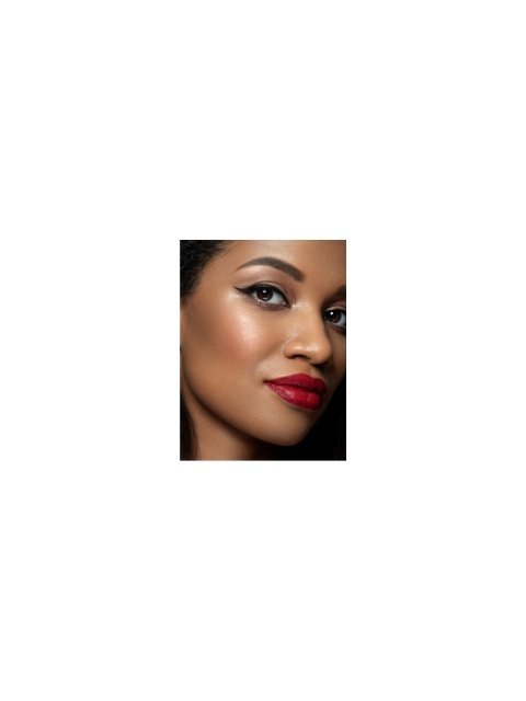 Long-wear liquid eyeliner black wing on eye, with bold red lips