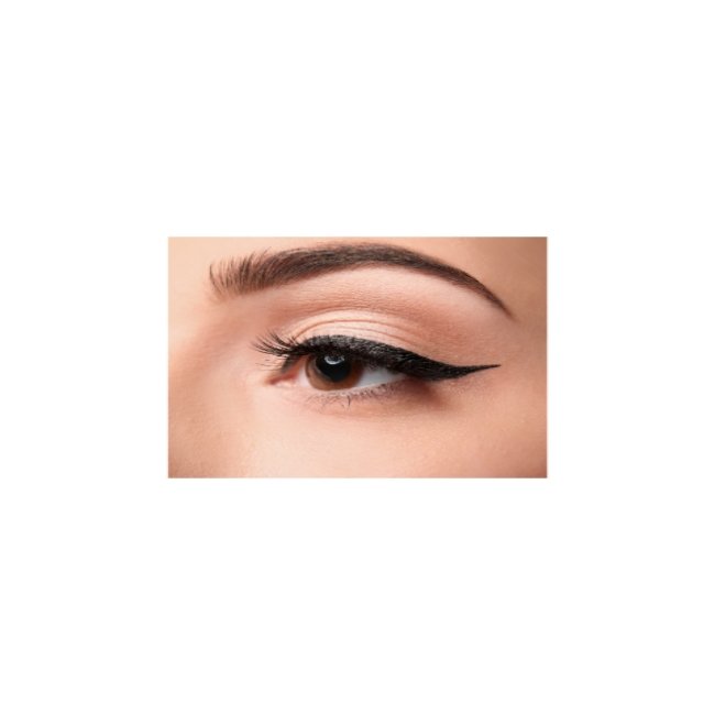 Long-wear liquid eyeliner in black, winged line on closed eye