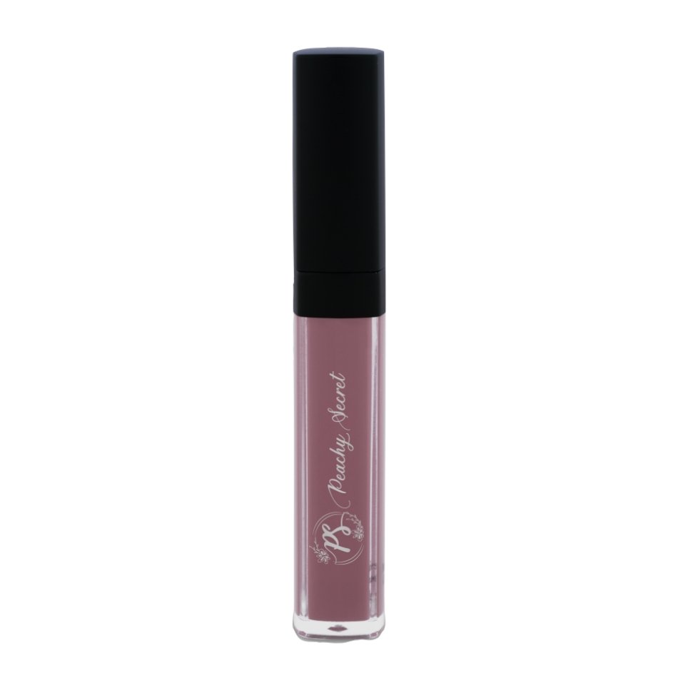 Matte liquid lipstick in mauve-pink tube with black cap