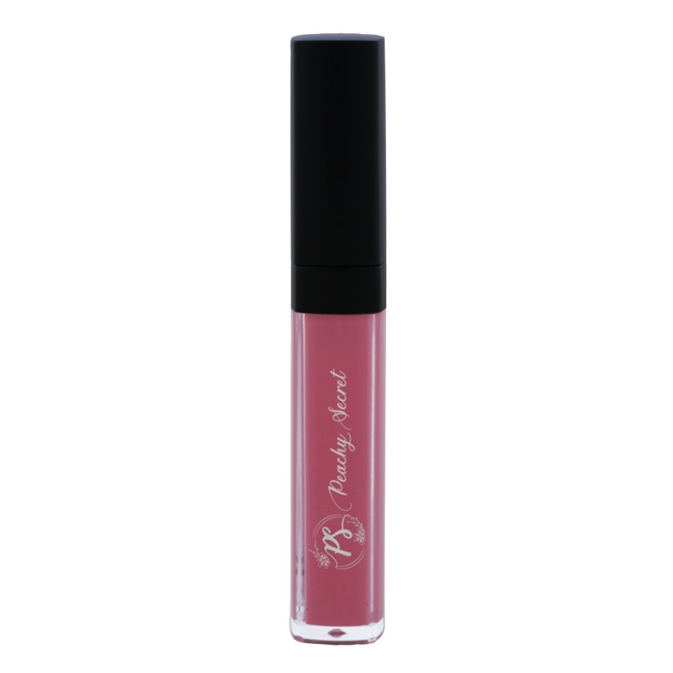 Matte liquid lipstick tube, mauve-pink shade with black cap