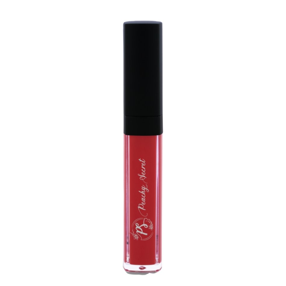 Matte liquid lipstick in glossy red tube with black cap