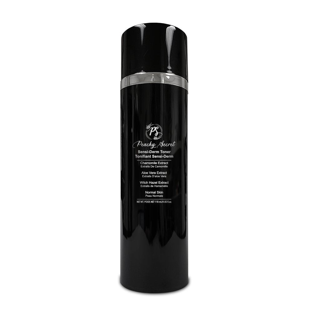 Skincare toner bottle with black glossy cap and label