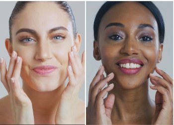 Two people applying facial toner with fingertips, smooth hydrated skin
