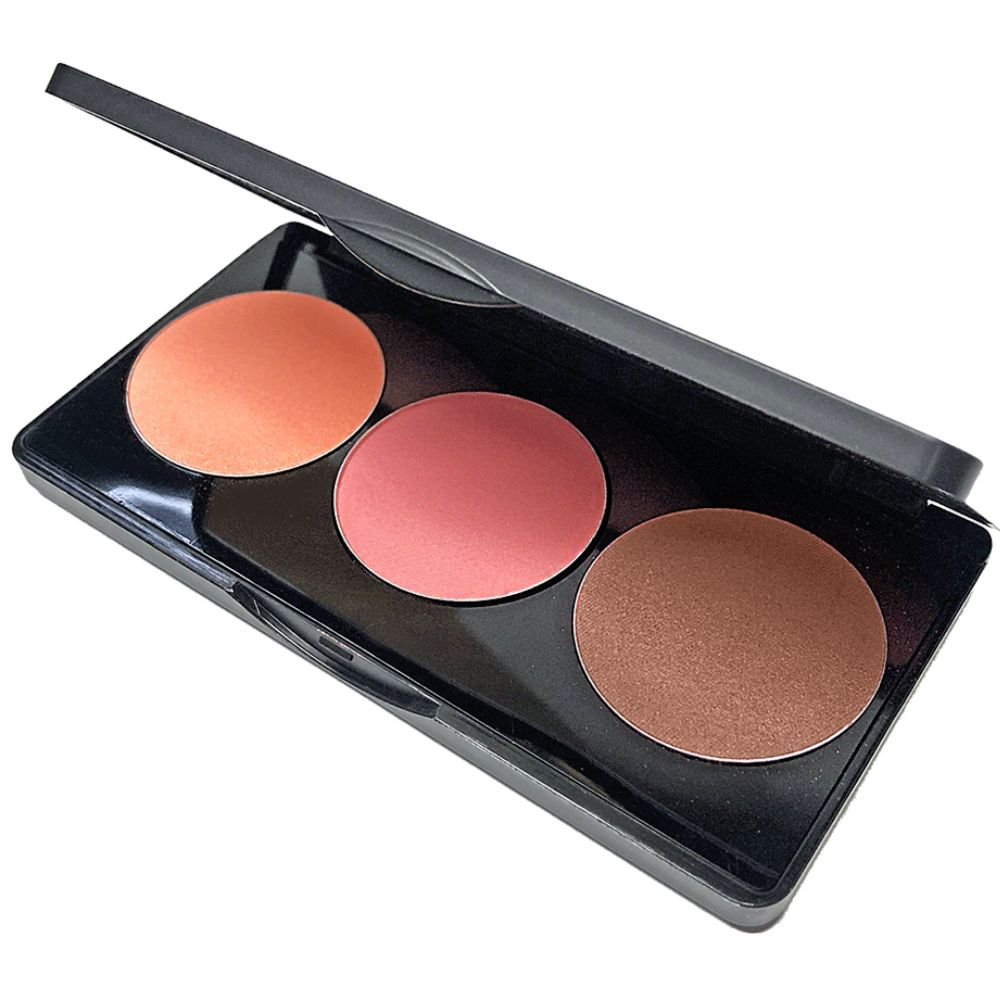 Blush makeup palette with three round pans in peach, rose, and light brown