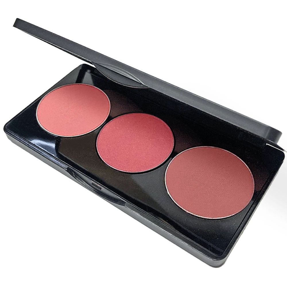 Blush makeup palette with three round pans in pink rose and dusty mauve tones