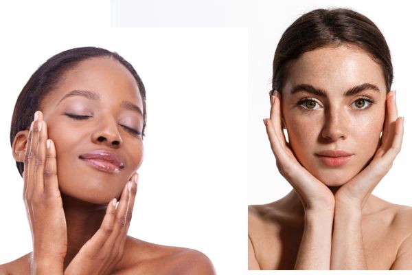 Facial skin care: two people applying serum to cheeks and jaw with hands