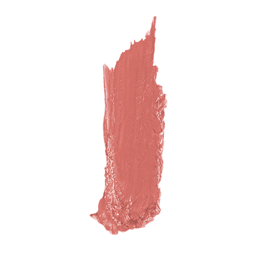 Hydrating satin lipstick swatch in blush coral pink with high-shine, glossy finish