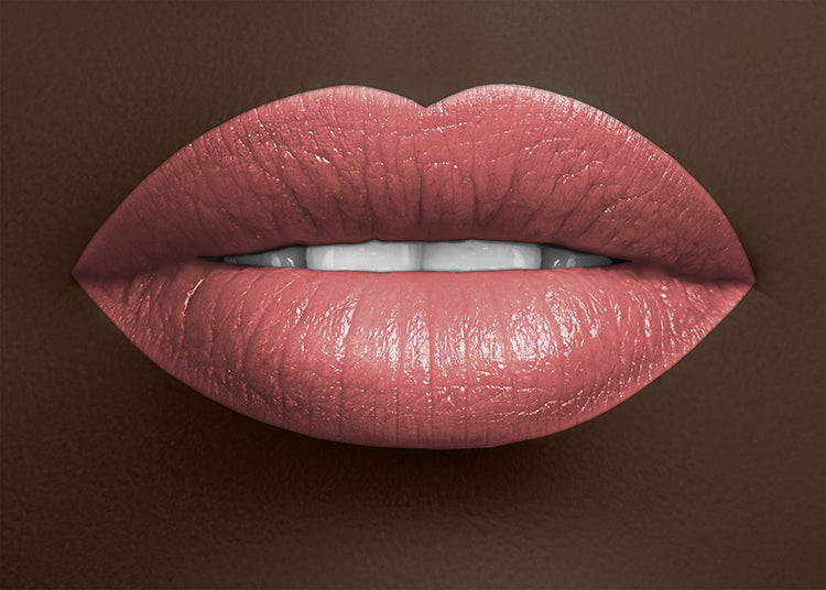 Satin rose-brown lipstick on lips with glossy, hydrated look