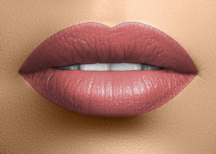 Satin rose mauve lipstick on lips with smooth glossy sheen