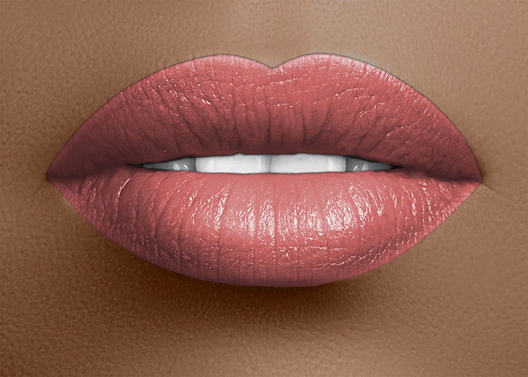 Satin rosy mauve lipstick on lips with luminous, smooth finish