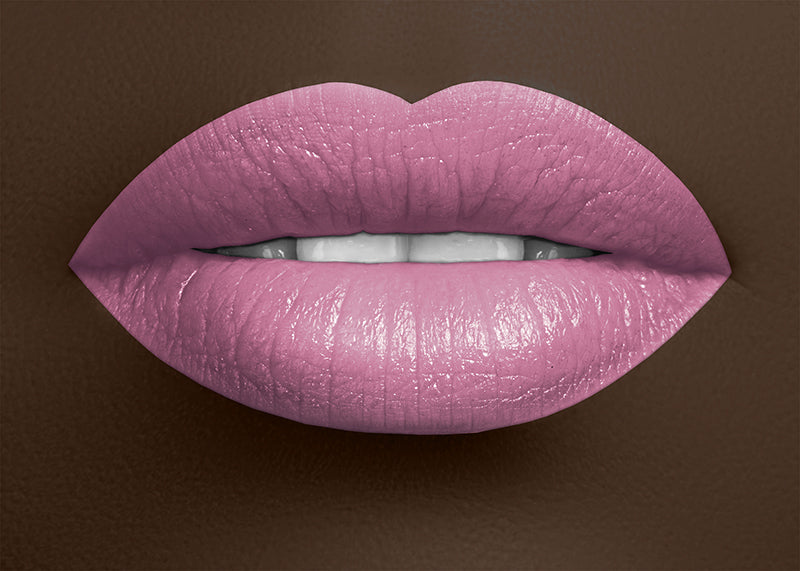Satin mauve-purple lipstick on lips, glossy satin sheen