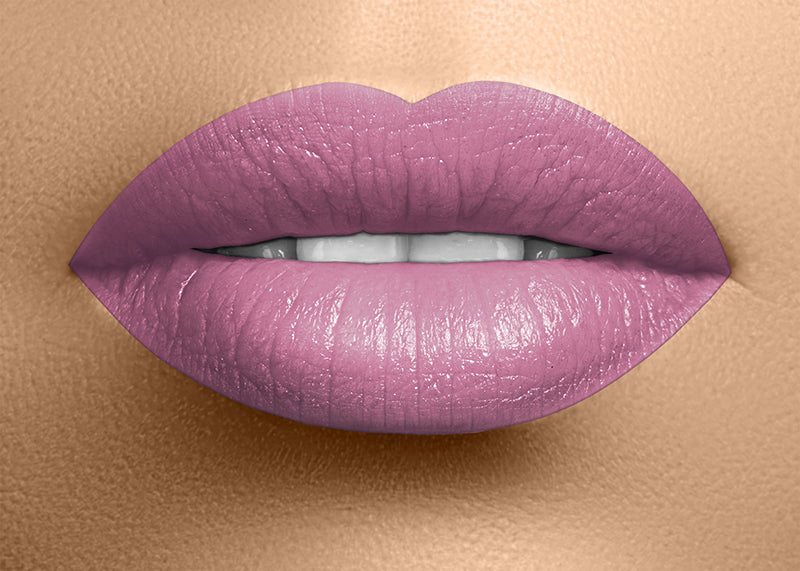 Satin lavender-pink lipstick on lips with glossy, smooth coverage