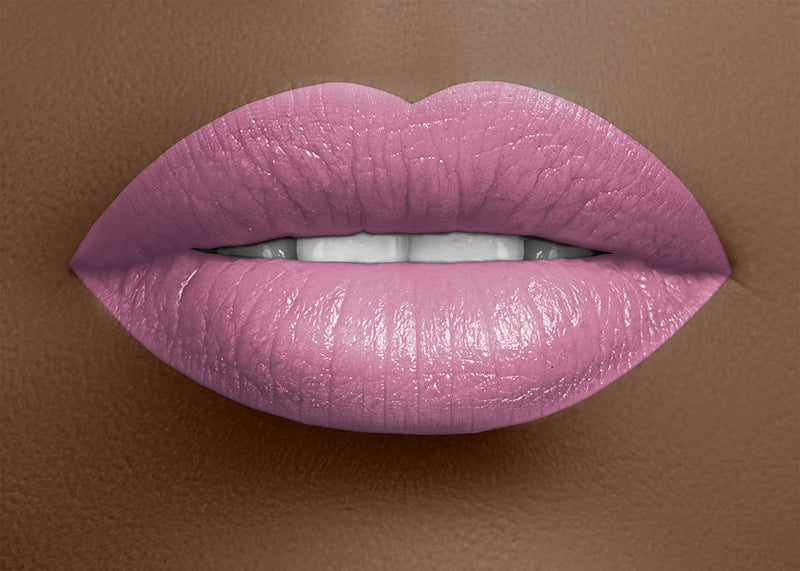 Satin soft purple-pink lipstick on lips with subtle shimmer finish