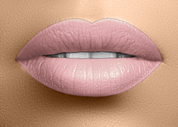 Soft pink lipstick on lips with high-shine satin texture