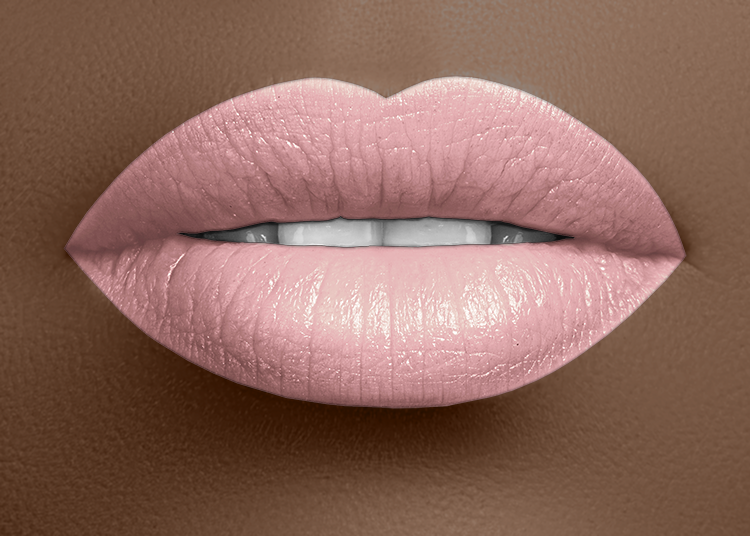 Soft pink lipstick on lips with glossy satin coverage