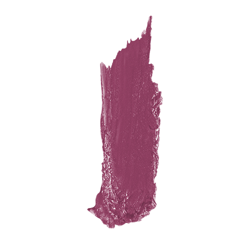 Hydrating satin lipstick swatch in medium plum pink with glossy, high-shine finish
