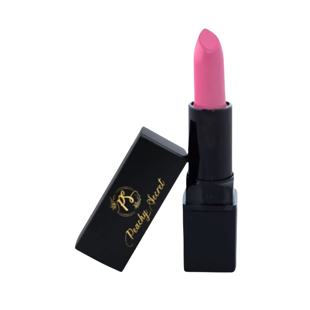 Pink hydrating lipstick with black cap, open case showing gold logo