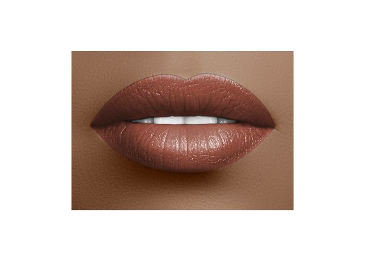 Close-up of warm nude satin lips with visible lip texture