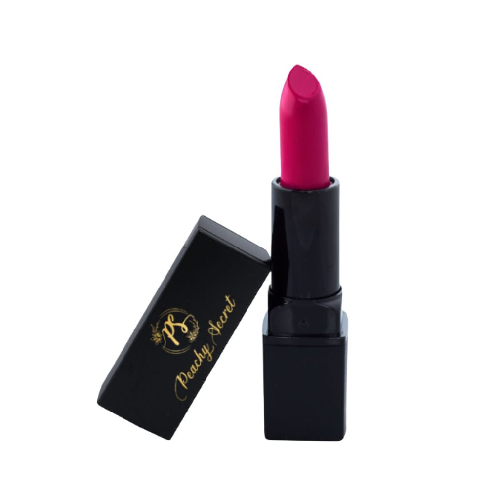 Hydrating satin lipstick in magenta pink shade with black tube and open cap