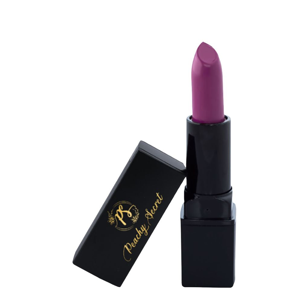 Purple hydrating lipstick with black cap, open case showing gold logo