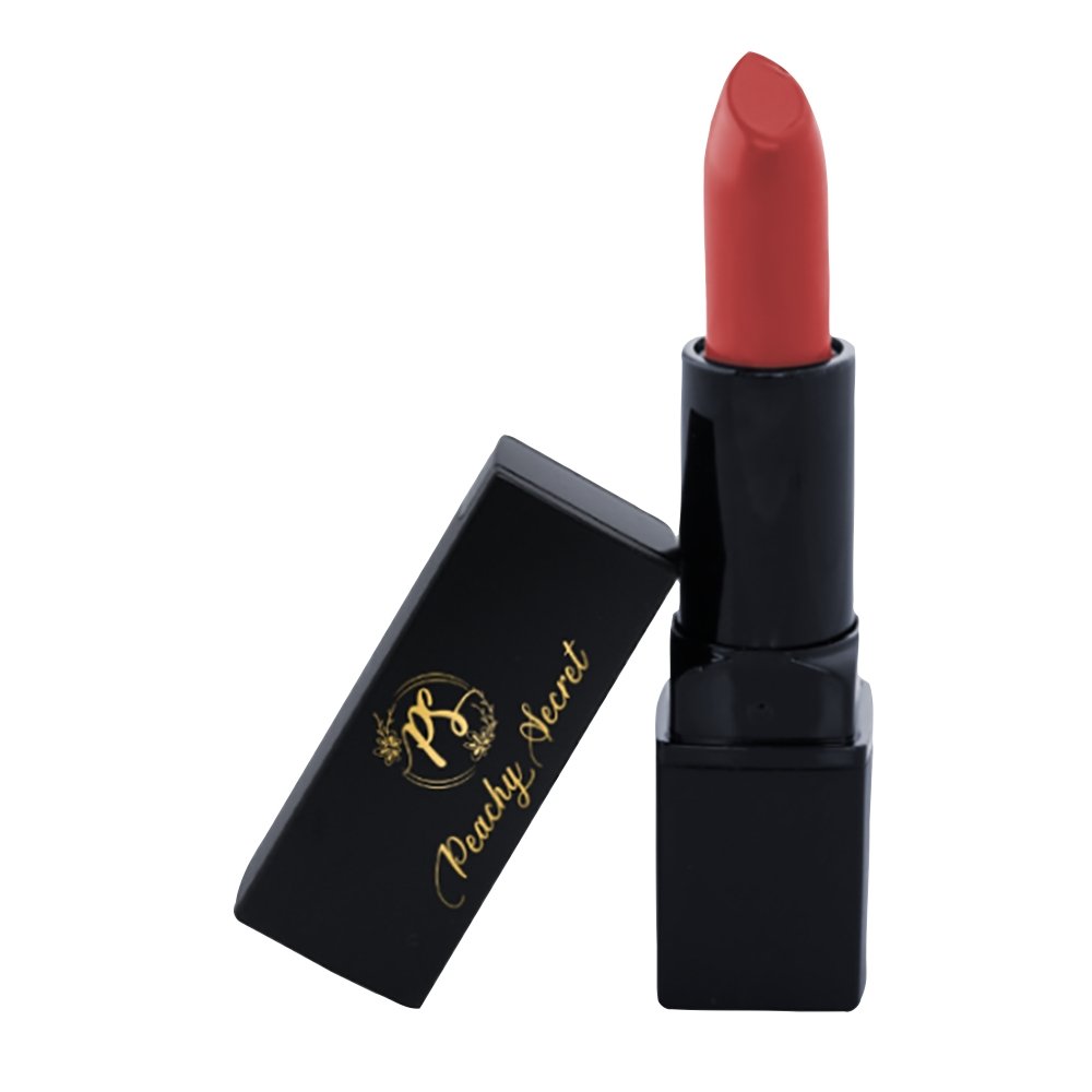 Hydrating satin lipstick in red rose shade with black tube and open cap