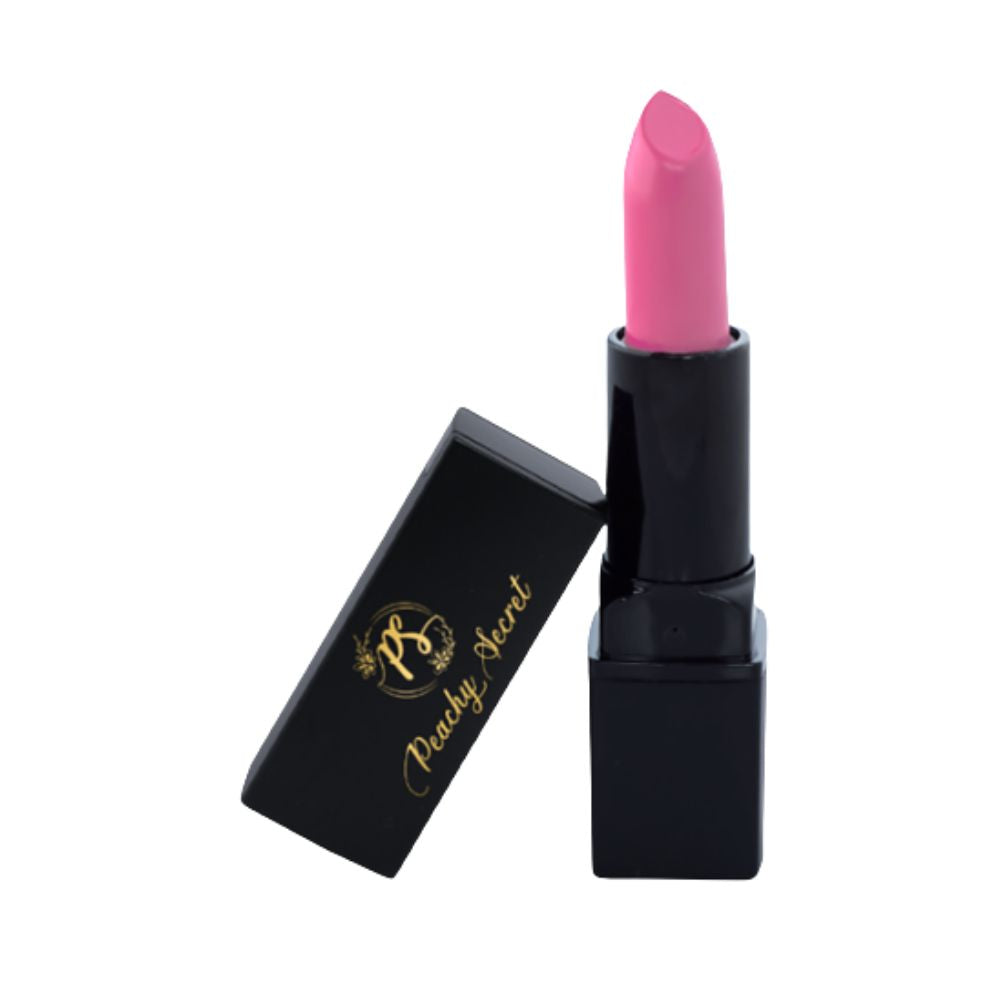 Hydrating satin lipstick in bright pink shade with black tube and open cap