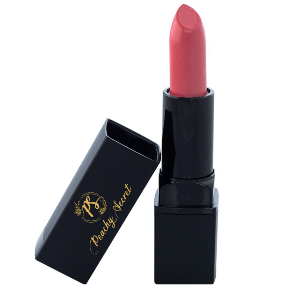 Hydrating satin lipstick in bright pink with black tube and open case