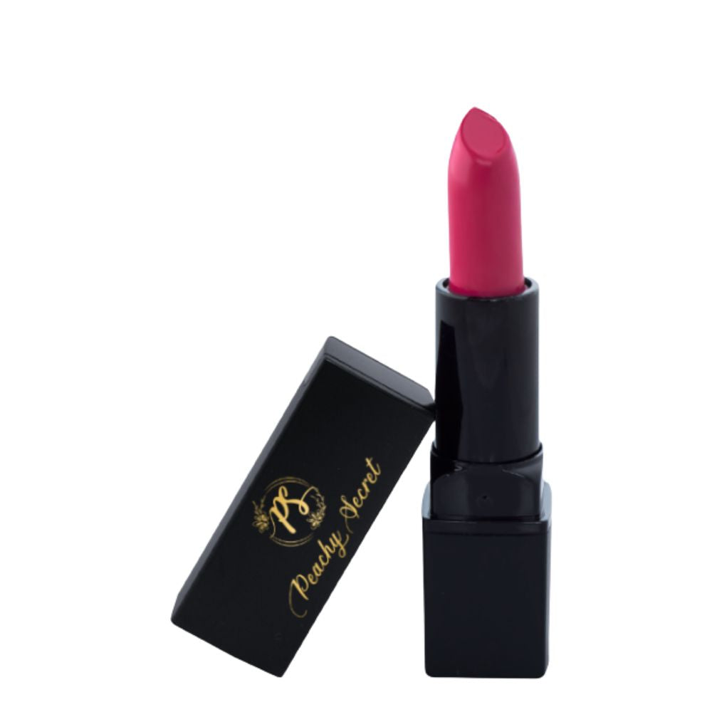Hydrating satin lipstick with hot pink bullet and black tube with gold script label