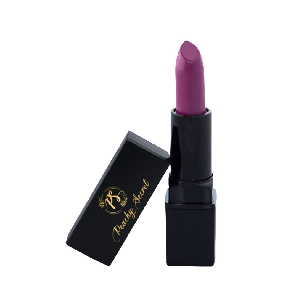 Hydrating satin lipstick with purple bullet and black tube with gold script label
