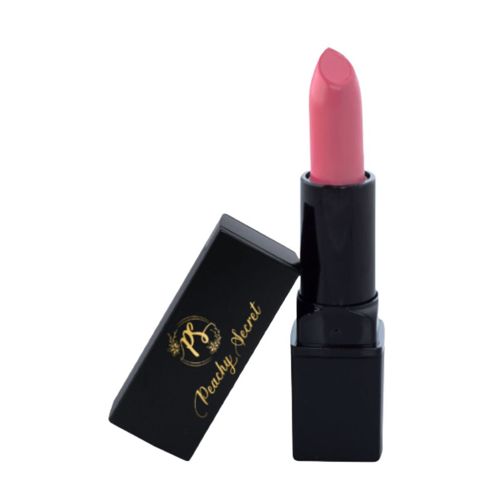 Hydrating satin lipstick with rosy pink bullet and black tube with gold script label