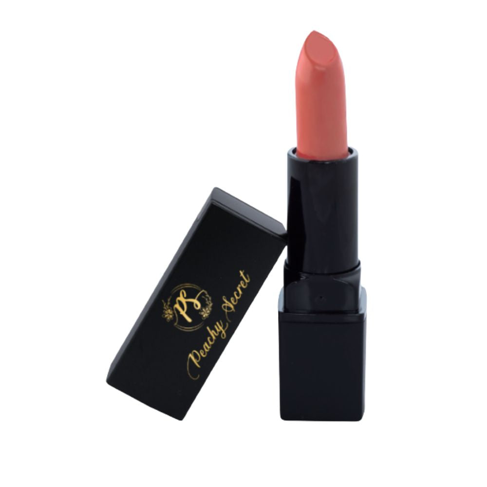Hydrating satin lipstick with coral-salmon bullet and black tube with gold script label