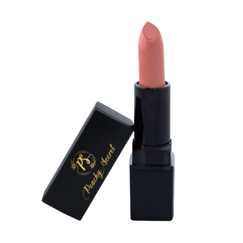 Soft pink hydrating lipstick with black cap, open case showing gold logo
