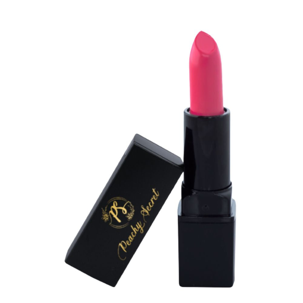 Hot pink/red hydrating lipstick with black cap, open case showing gold logo
